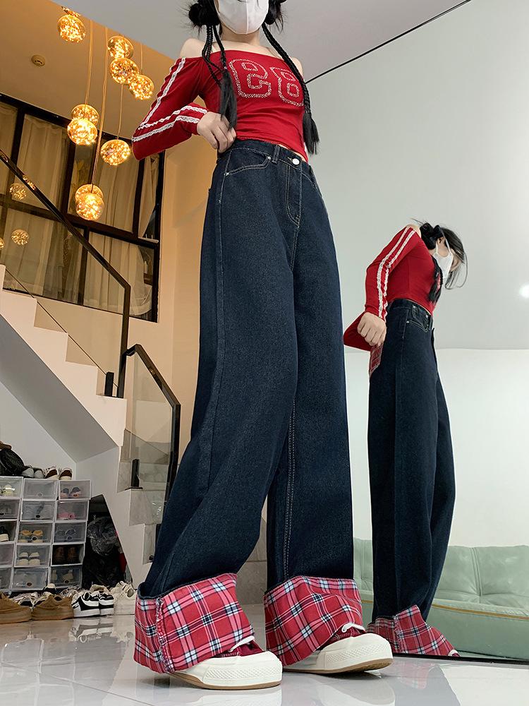 Jeans de Pierna Ancha con Parches a Cuadros Rojos de Cintura Alta para Mujer - Otoño/Invierno 2024, Tallas Grandes Estilo Retro Adelgazante