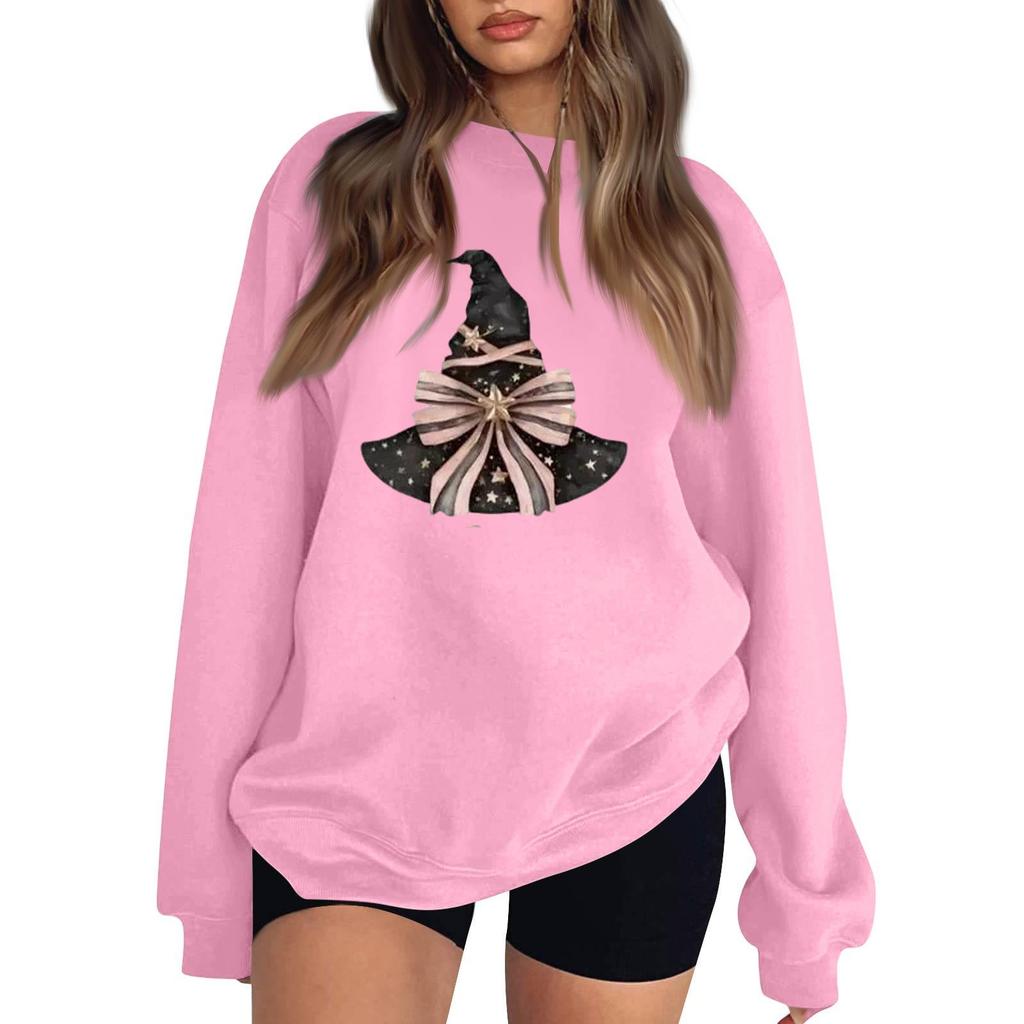 Women's Neck Long Sleeve Sweatshirt Casual Loose Fit Color Pullover with Halloween Print