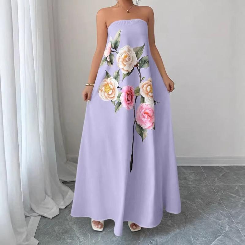 Women's Strapless Maxi Dress Floral Print High Waist A Line Elegant Evening Dress