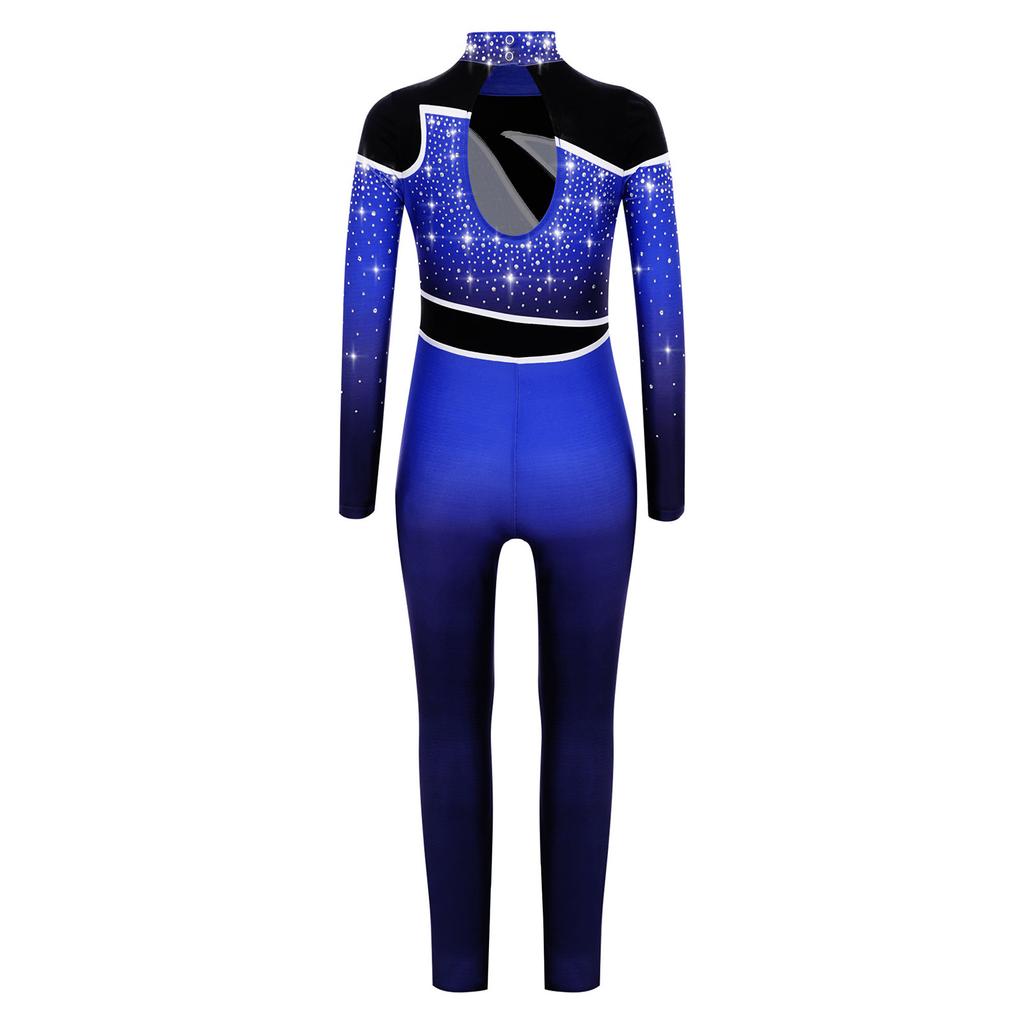 Kids Gymnastics Costume Color Block Bodysuit Mock Neck Long Sleeve Shiny Rhinestones Back