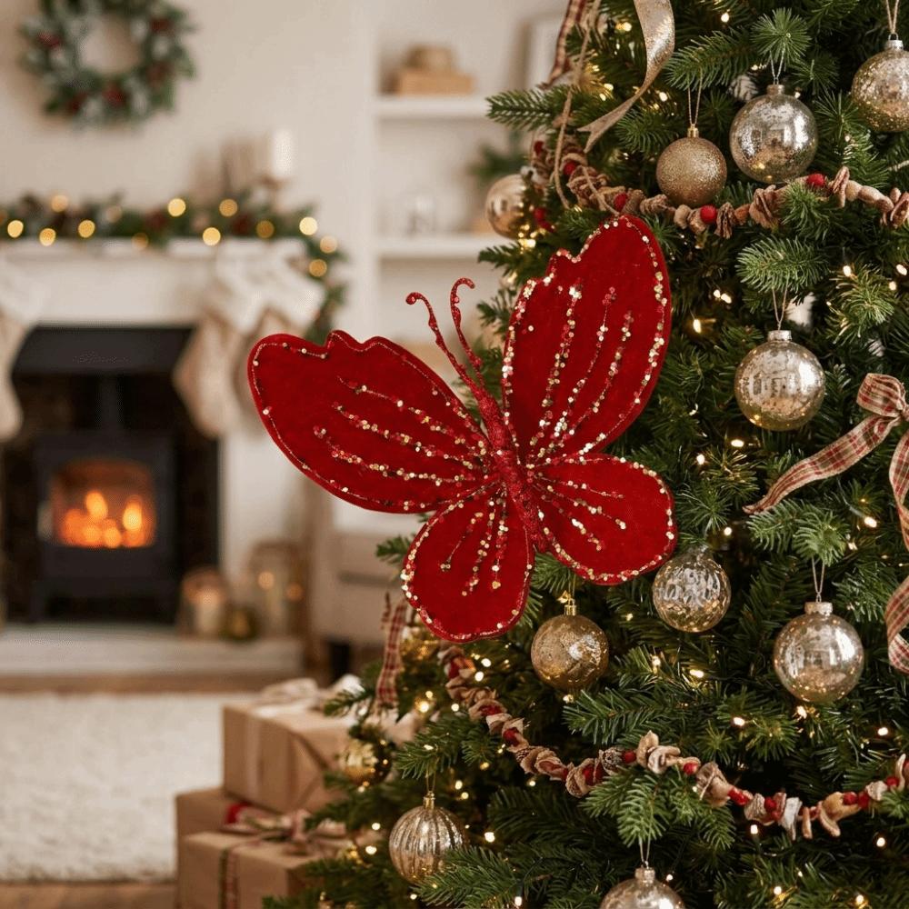 3D Glitter Christmas Butterflies Ornaments Exquisite Hand-Painted Simulation Butterfly Flocking Finish