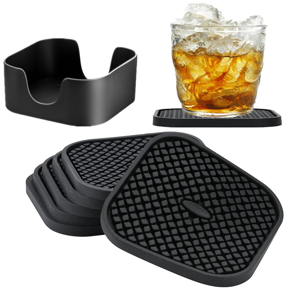 Set of 6 Silicone Coasters Insulating Cup Tea Stylish (with Holders) - Non-slip, Absorbent, Mats, Easy-to-Wash Trays, (Square, Black)