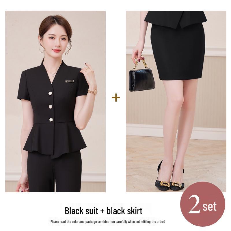 Set Profesional de Vară cu Mânecă Scurtă, Formal, din Două Piese, pentru Femei - Design Subțiere cu Volane