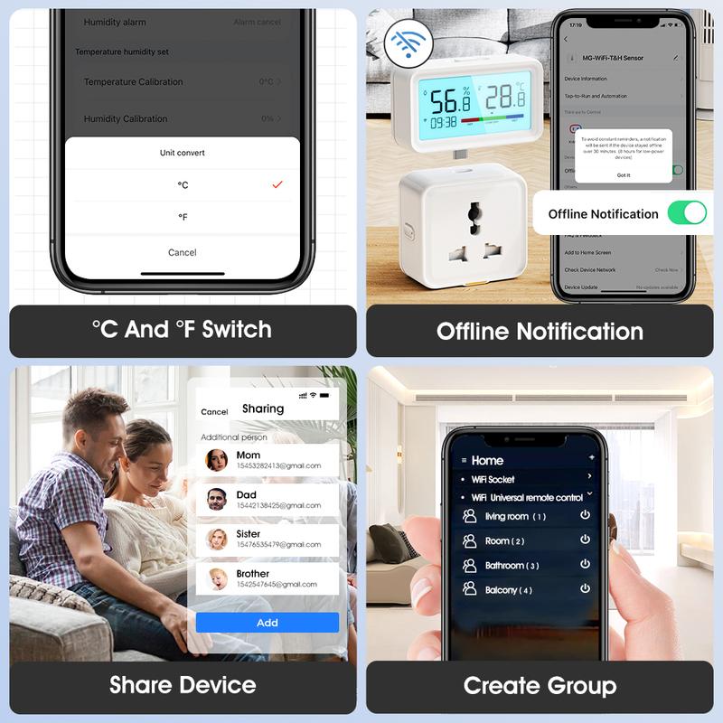 Tuya WiFi Temperature & Humidity Sensor with Backlit Display APP Remote Monitor Alexa/Google Voice Control °C/°F Switch,