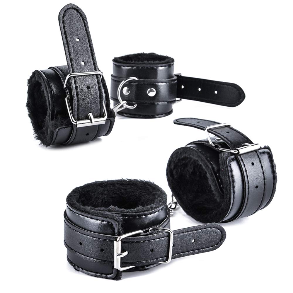 Ninonly SM Goods SM Set Restraints Set Handcuffs Leg Cuffs Eye Mask SM Play Fluffy Adjustable Eliminates Boredom 3-Piece (Black)