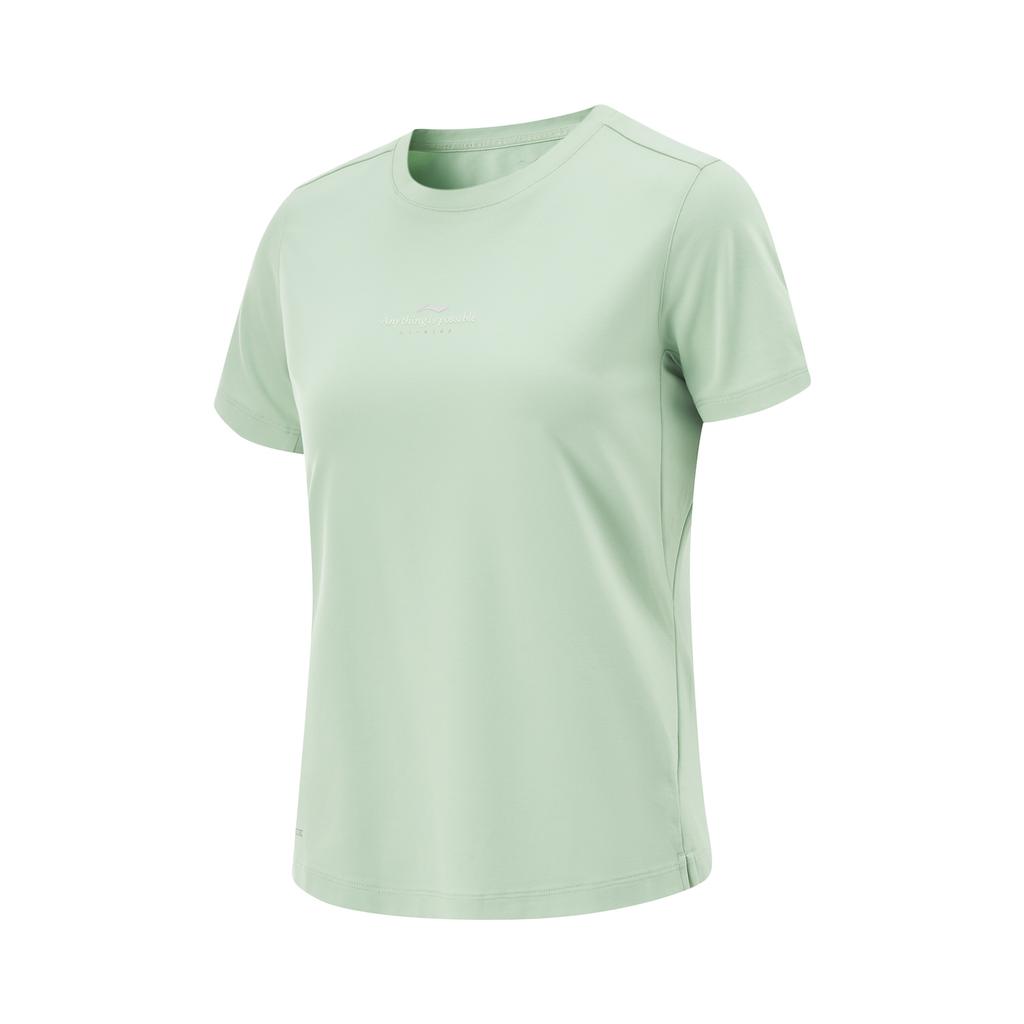Li-Ning Fitness Series Sports Casual Simple Cool Air Cooling T-Shirt Round Neck Pullover Solid Color Short Sleeve Women Tops Sheep-Fat-Green ATSV346-3