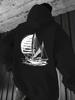 Sailing Boat Print Hip-hop Style Men's Hooded Sweatshirt, Suitable for Autumn and Winter, Casual Outdoor Sports, Loose Fit, and Warmth.