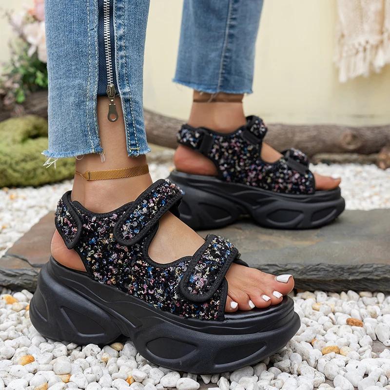 Fashion 2025 New Sequin Wedge Sandals Women Plus Size Chunky Platform Summer Sandles Woman Fashion Fish Mouth Thick Sole Sandalias