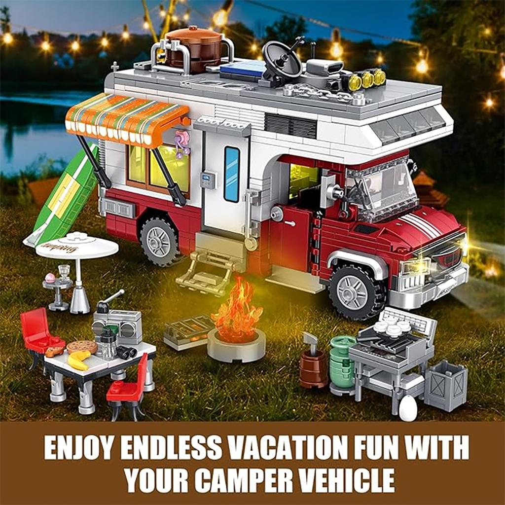 Set de Bloques de Construcción para Armar Furgoneta Camper Puzzle de Ensamblaje Ladrillos Modelo con Luz LED Camión RV Simulado Decoración de Escritorio Regalos para Niños