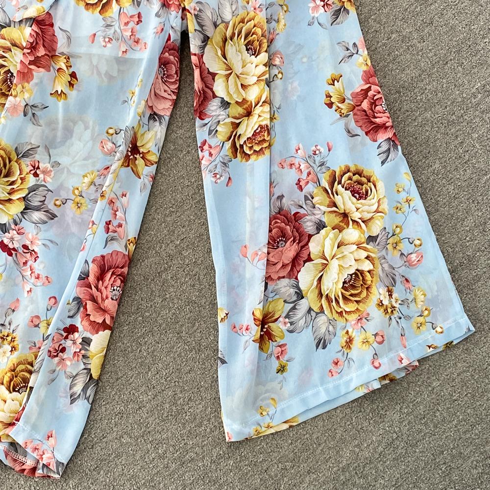 Fashion Set Women's  Long Sleeve Square Neck Slim Fit Chiffon Shirt 2 Two Pieces Suits Sets High Waist Slim Wide L