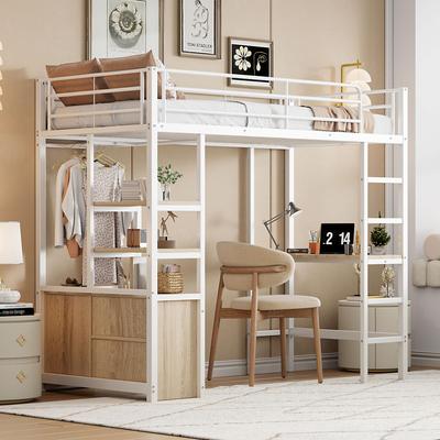Flieks Loft Bed 90x200 with Desk, Socket & USB, Bed Frame with Slatted Frame (without Mattress) for Children and Adults