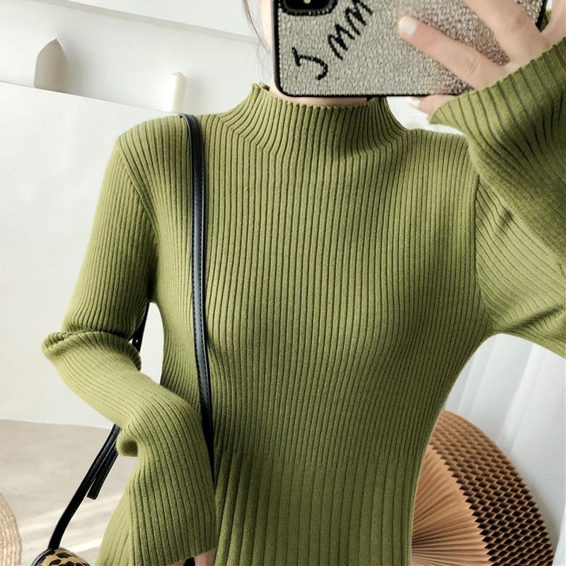 Elegant Warm Half Turtleneck Ladies A-line Sweater Dress Full Sleeve Slim Waist Women Knitted Mid-Calf Vestidos Autumn