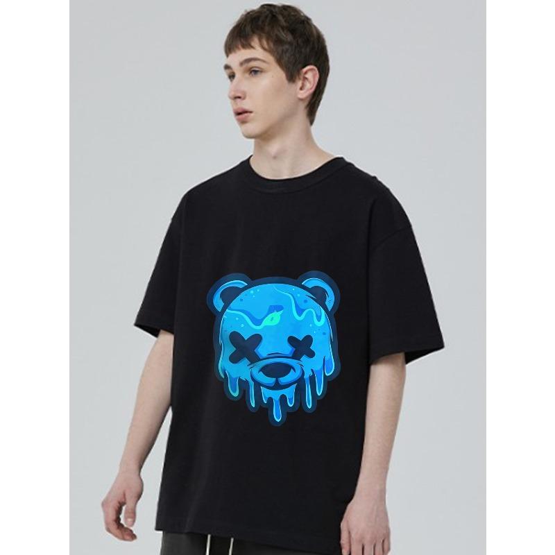 Black T Shirt with Blue Melting Bear Face Print for Casual Wear
