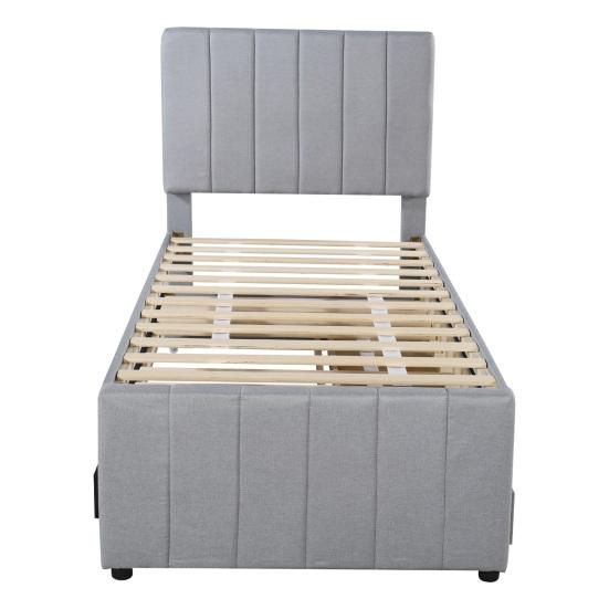 90x200cm Cotton Linen Fabric Storage Bed with Drawers Pull-out Bed Headboard Lines Design Strong Wood Slat Support Bed Home Furniture