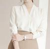 2025 Korean V-Neck Lantern Sleeve Waist-Cinching White Casual Chic Shirt for Women