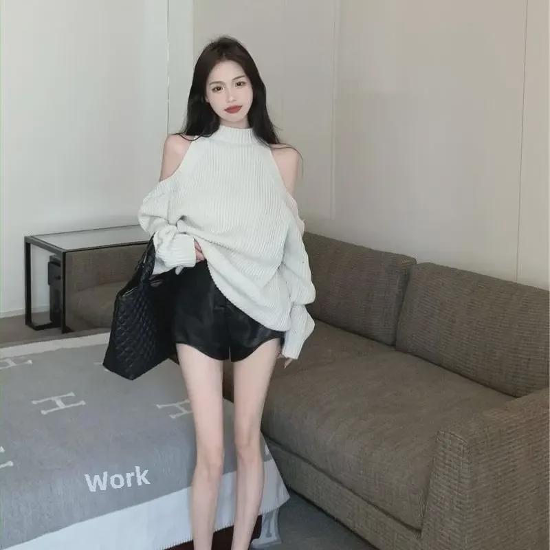 Women's Off-Shoulder Black Knit Sweater - Loose Korean Style for Autumn/Winter 2024