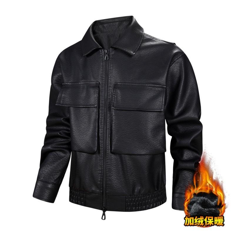 Men's American trendy leather jacket fleece thickened thermal leather jacket multi-pocket PU locomotive jacket