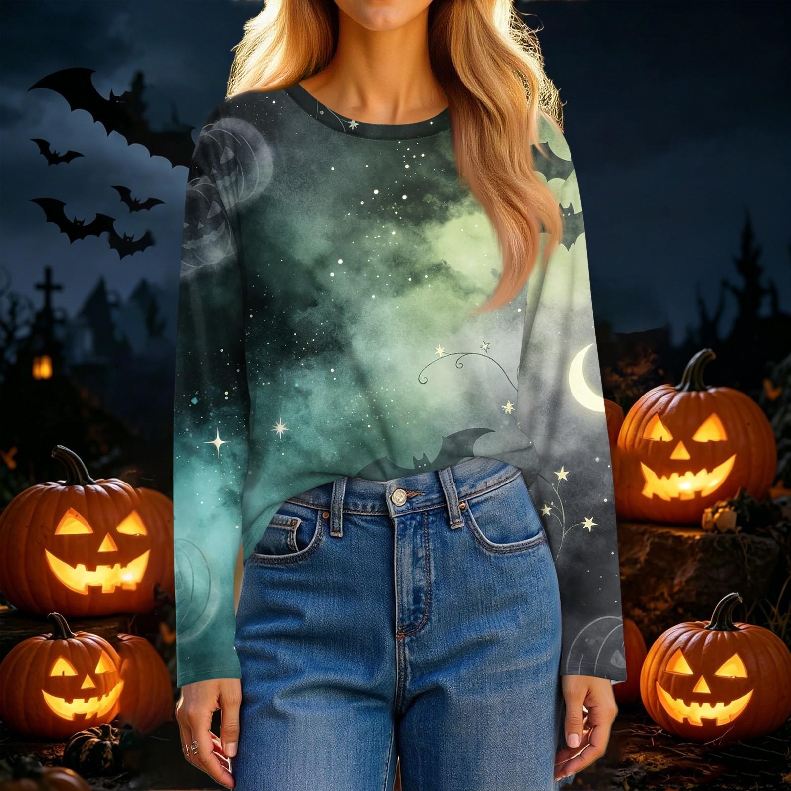 Women s Casual Long Sleeve Halloween Print Round Neck T-Shirt XXL