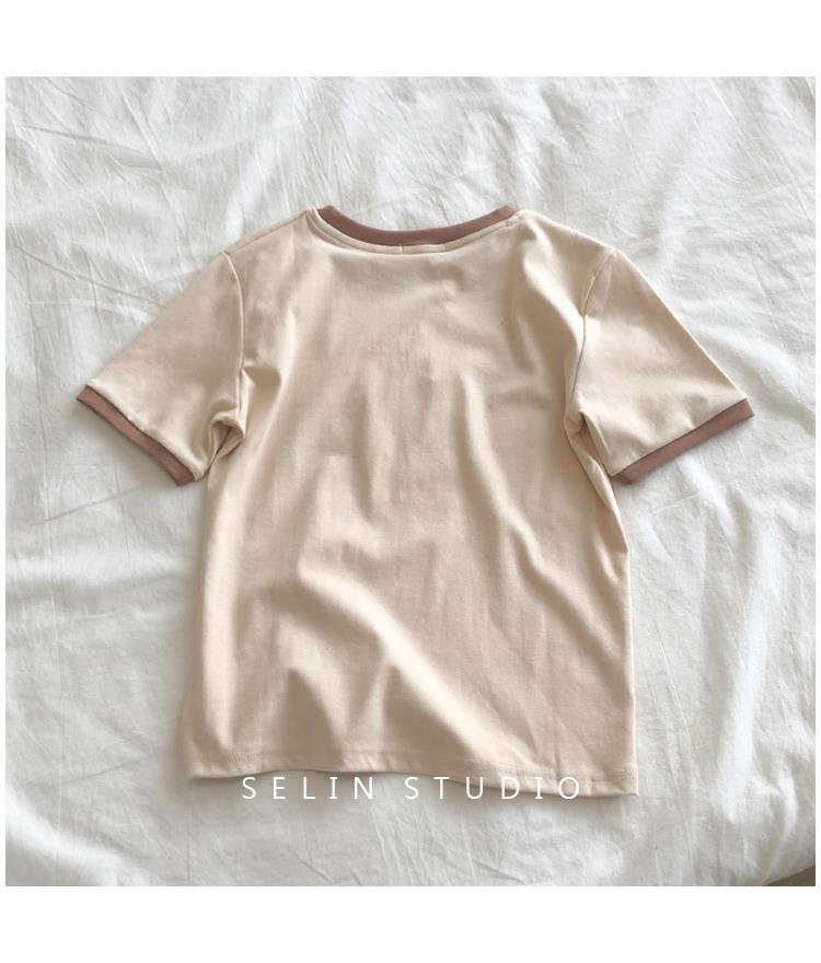 

Жіноча літня приталена футболка з коротким рукавом у стилі колор-блок - Повсякденний корейський стиль One Size абрикосовий