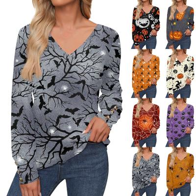 Damen Tops Halloween Bedrucktes Langarmshirt V-Ausschnitt Lässiges Loses T-Shirt Herbstkleidung