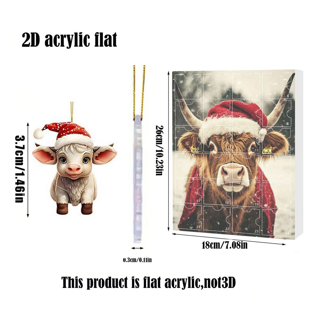 Christmas Highland Cow Advent Calendar 24pcs 2D flat Xmas Tree Interesting Highland Cow Hanging Ornaments Kids Xmas Gifts