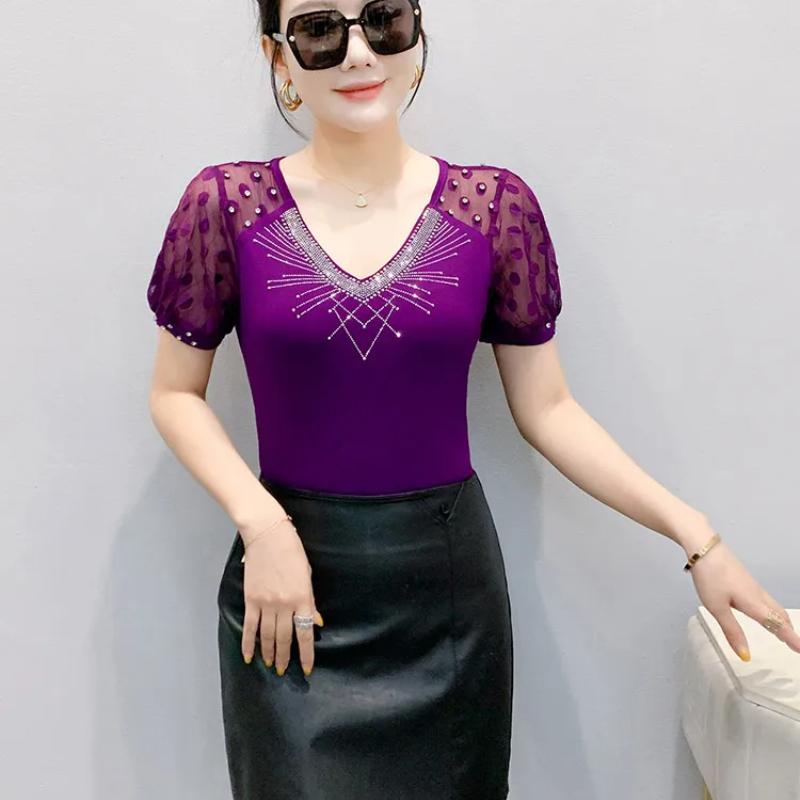 Summer New Mesh T-shirt Shiny Hot Diamonds Tees Sexy V-neck Short Sleeve Women's Tops Fashion Classic Girl Streetwear Blouse