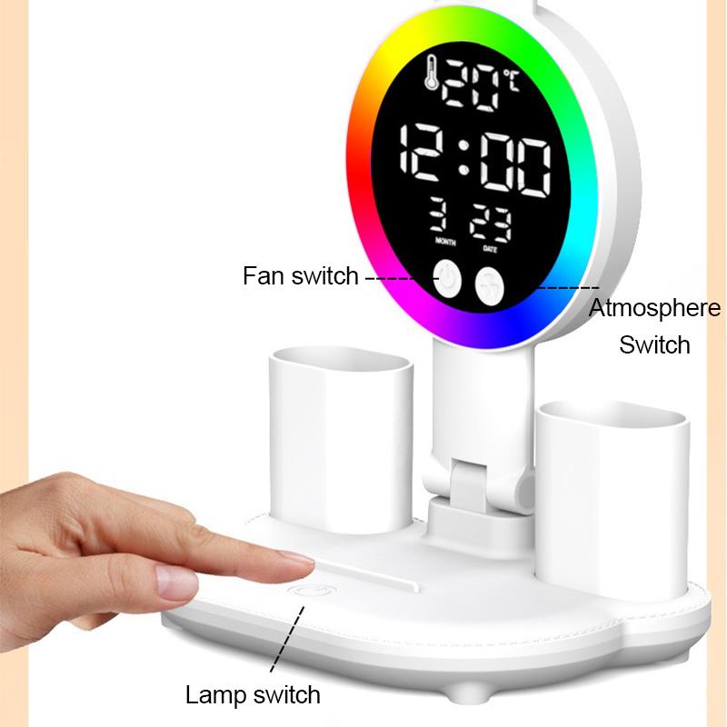 Oppladbar bordlampe for studier, skrivebordslampe leselys LED bordlys med vifte, LED klokkedisplay leselampe