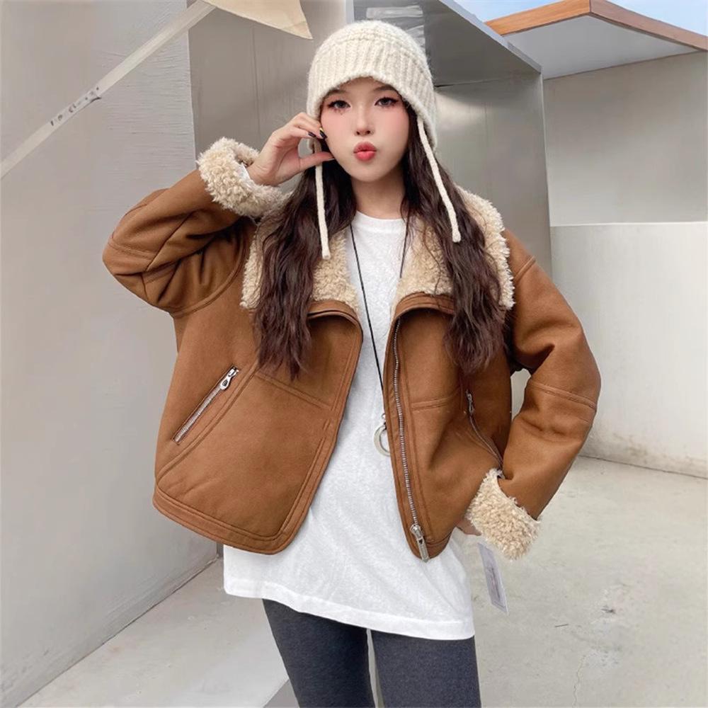 Women's 2024 Winter Korean Lapel Lambswool Fleece Short Leather Coat