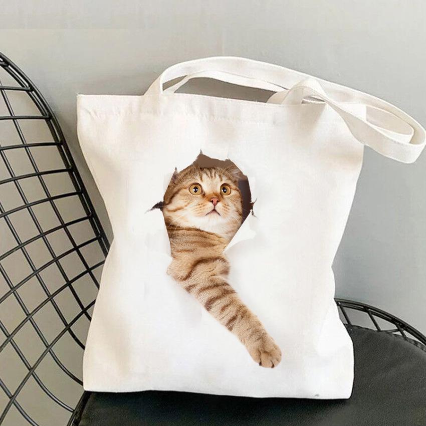 3D Realistic Cute Kitten Print Large Capacity Canvas Tote Bag for Students