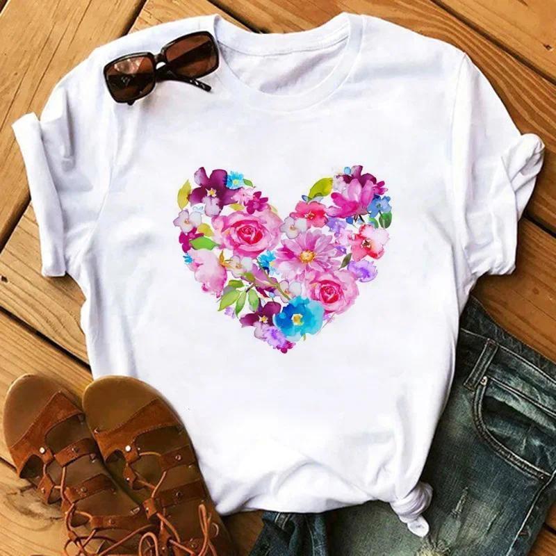 T-shirt Women Neck T-shirt Women T Shirt Love Flower Half Sleeve Cartoon White Letter Aesthetic Clothes