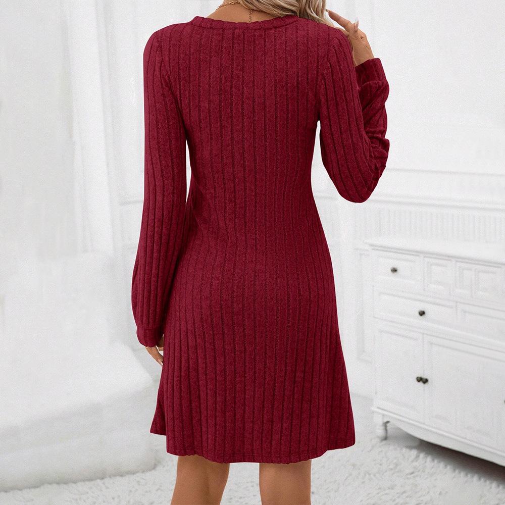 2024 Autumn/Winter European and American Commuting Style Wine Red High Waist Slimming Mid-length Dress for Women