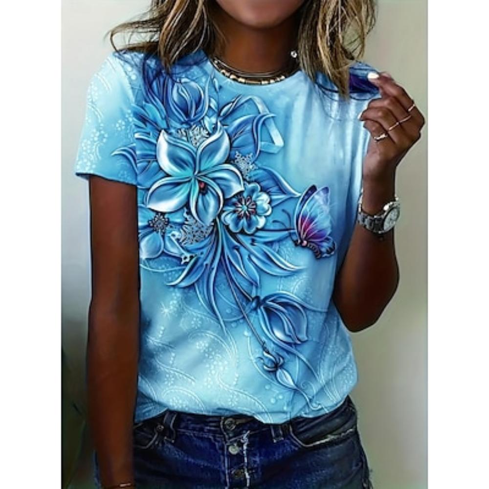 Women's T-shirt Floral Crew Neck Short Sleeve 3D Butterfly Print Elegant Casual Wear Spring Summer Comfort Fit Purple Multisize Fashion Top