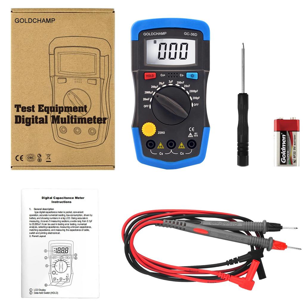 GOLDCHAMP Digital Multimeter, Capacitance Meter, 200pF-20mF, Handheld Multimeter Tester with Manual Range Measurement Tool, Backlight, and Data Hold