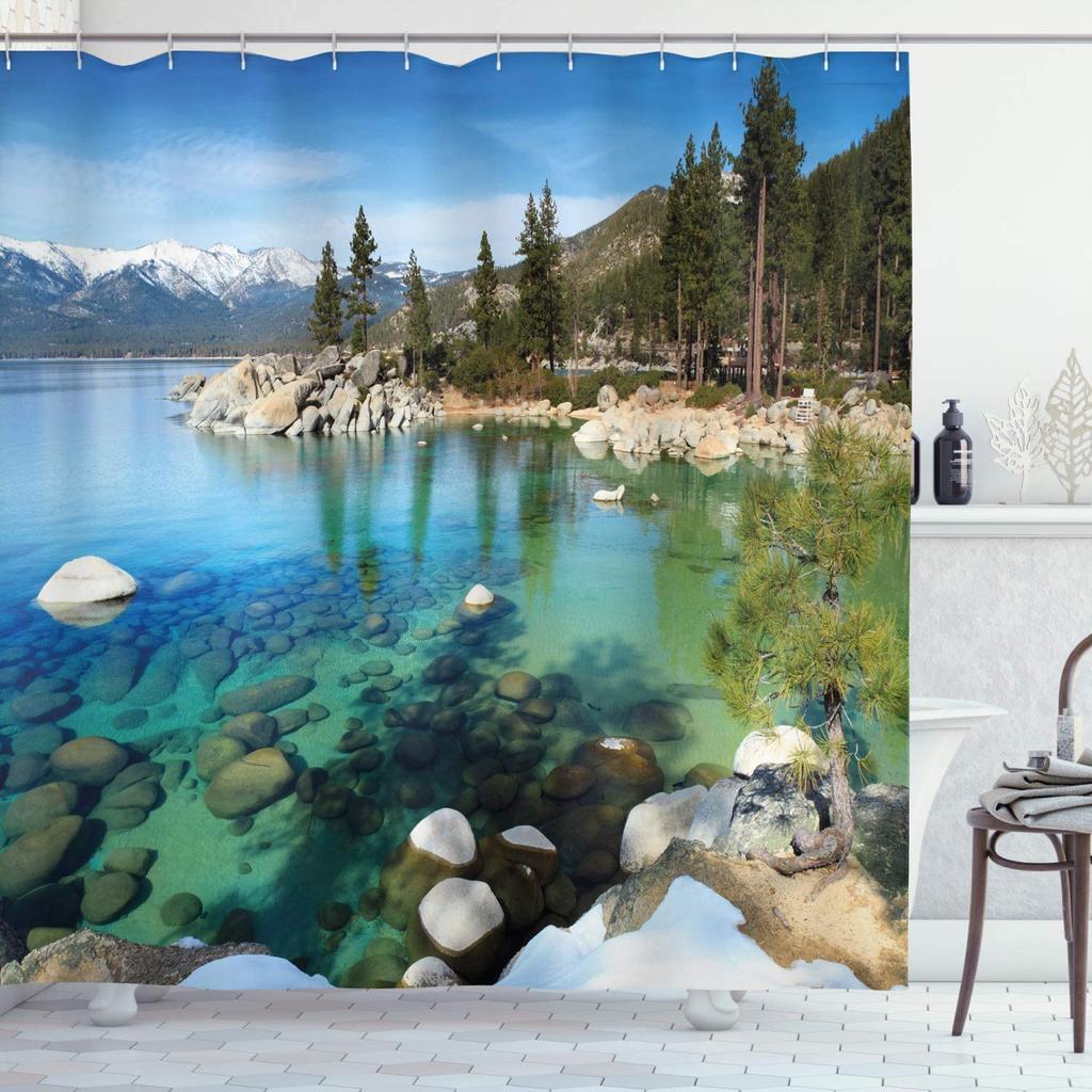 Window Outside Forest Bridge Spring Landscape Creativity Shower Curtain Zen Stone Tree Building Scenery Cloth Curtains With Hook