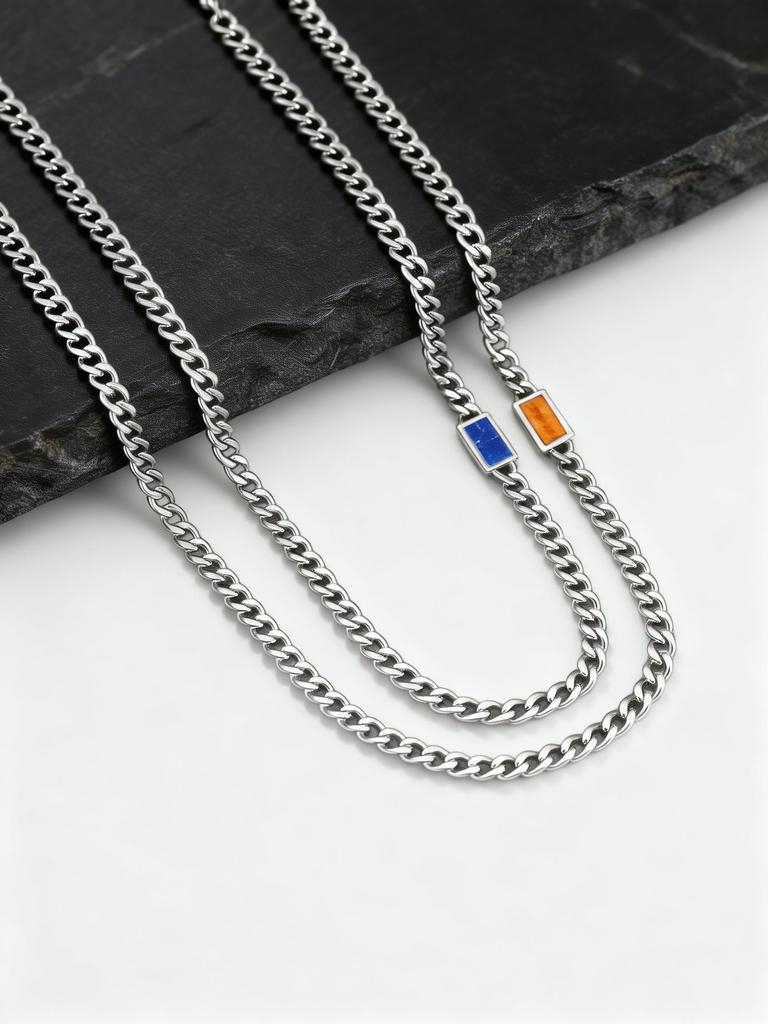 Men's Blue Natural Stone Chain Necklace,5mm Trendy Stainless Steel Cuban Link Choker,Hip-hop Punk Jewelry Gift