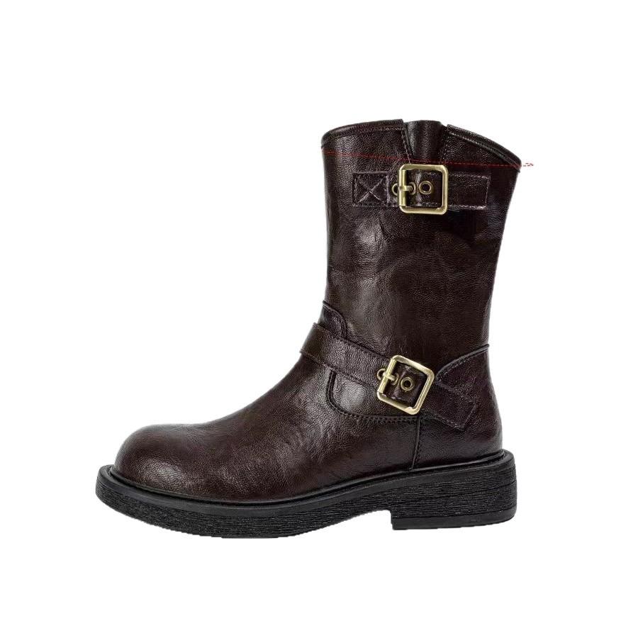 2025 autumn and winter new thick low heel round head side zipper medium boots boots adjustable western boots