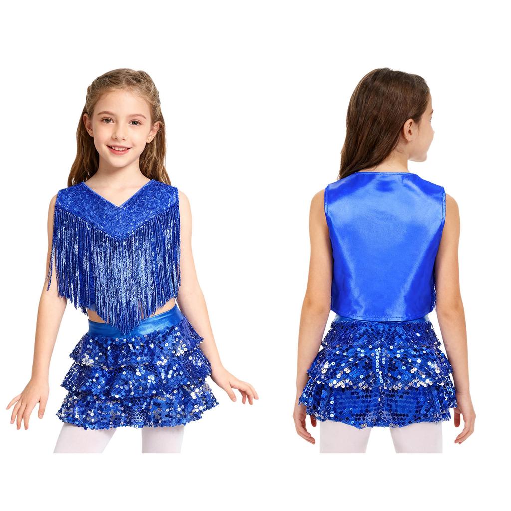 Girls 70s Disco Outfit Metallic Gloss Top Sequins Design Tassels Detail Ruffle Skirt Shorts Two Piece Set