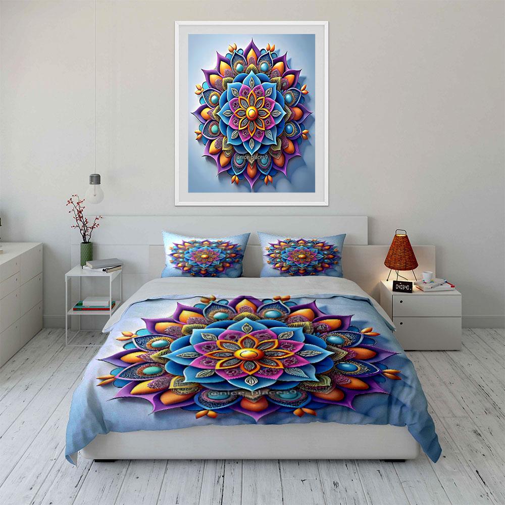 3Pcs Papercut Mandala Bedding Set, Vibrant 3D Layered Lotus Pattern Print Duvet Cover, Modern Art Style