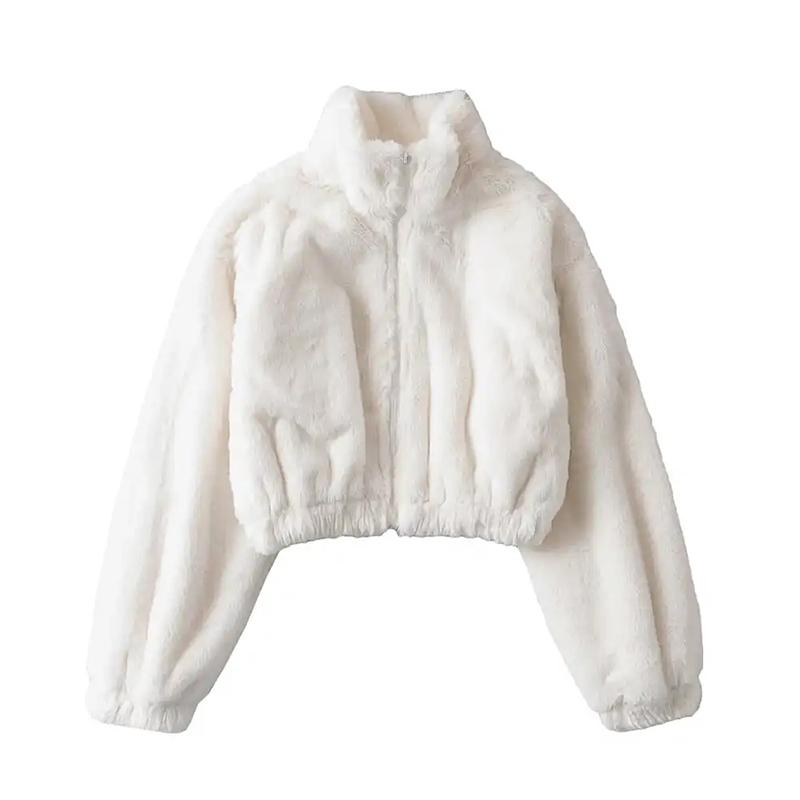 נשים קז'ואל רפוי חורף טופים קצרים צווארון גולף מלא שרוול ארוך רוכסן מעיל שחור לבן נשי מעילי פליז קצרים חמים