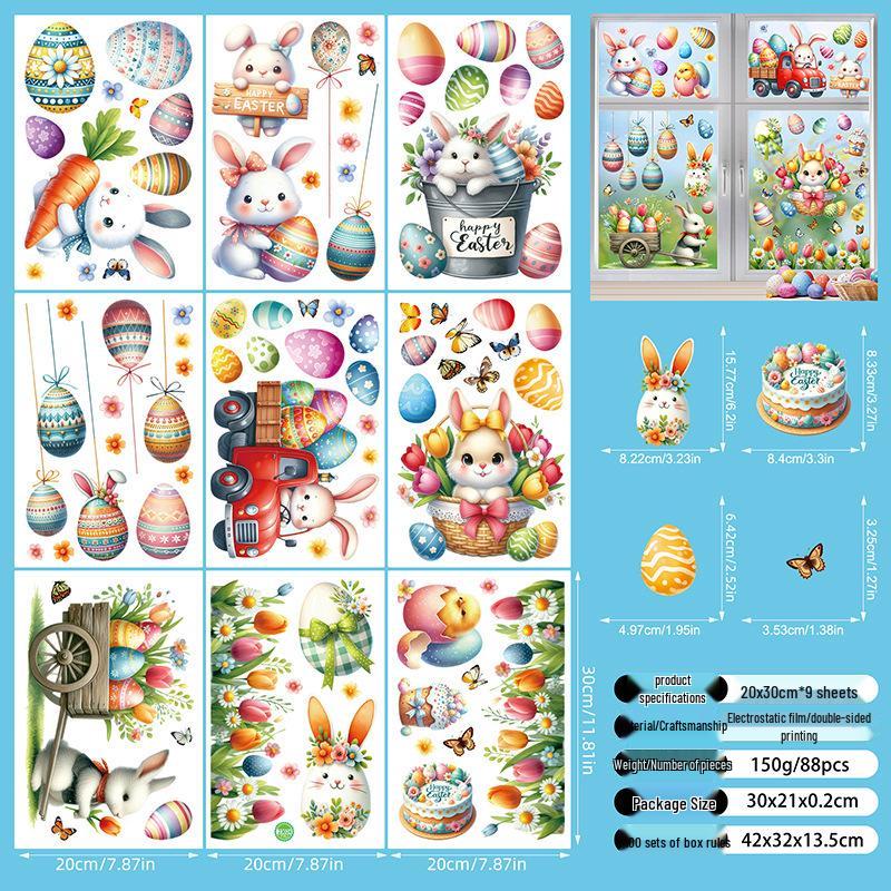Cartoon Rabbit & Colored Eggs Static Cling Window Decor Stickers for Easter