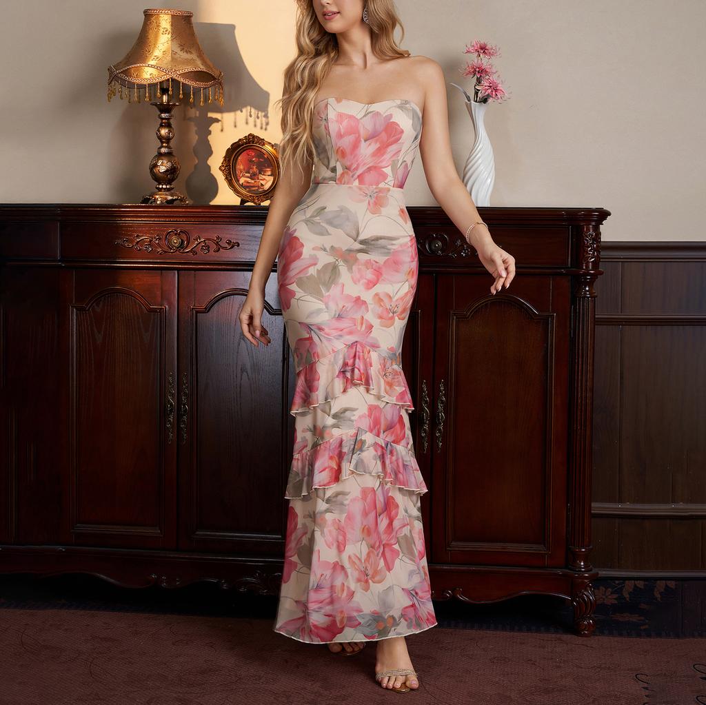 Summer new mesh temperament tube top dress, sexy backless slim and thin ruffle edge printed dress