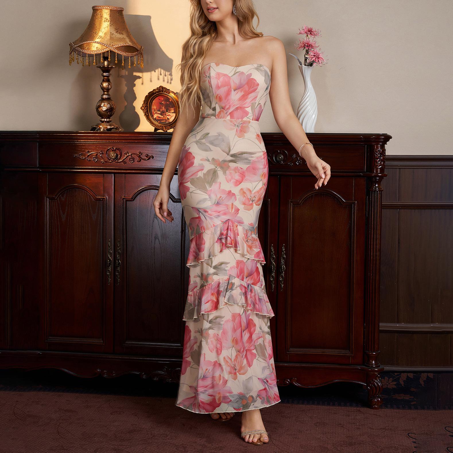 Summer new mesh temperament tube top dress, sexy backless slim and thin ruffle edge printed dress XS