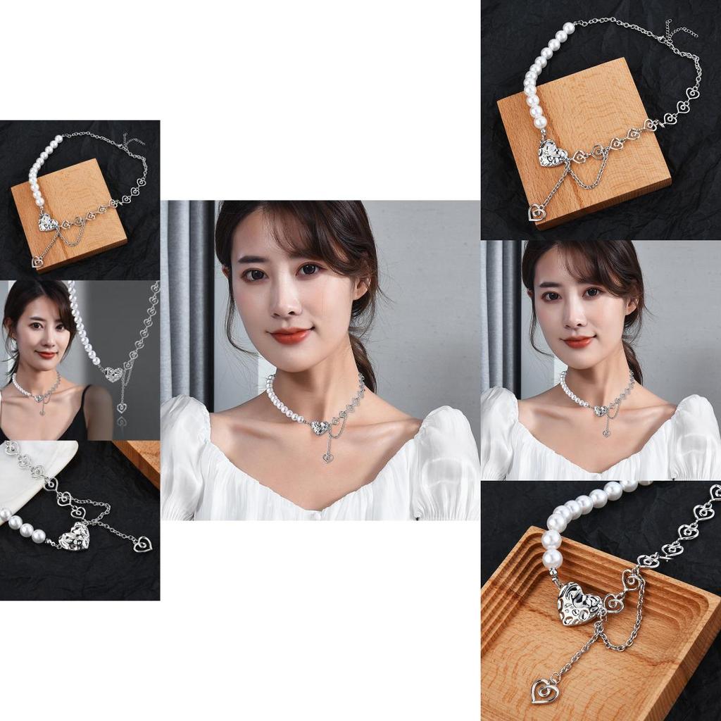 Elegant Korean Style Titanium Steel Heart Shaped Necklace With Pearl Chain Design