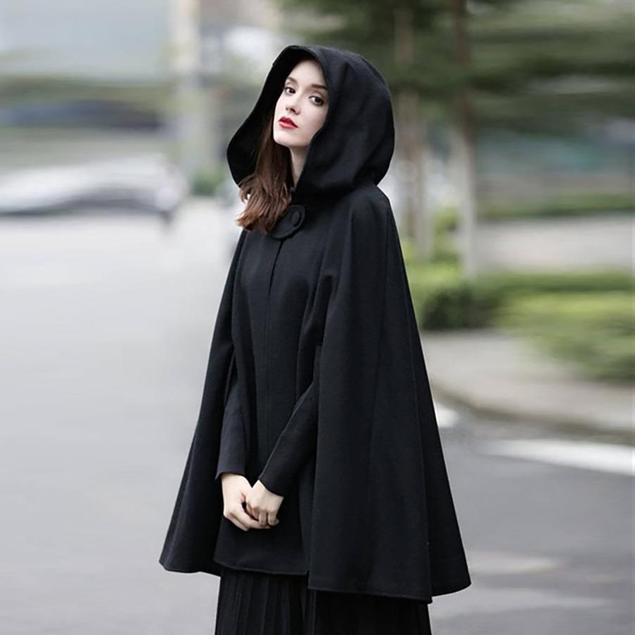 Fall Winter Women's Punk Loose Hood Button Wool Coat Over Size for Women,