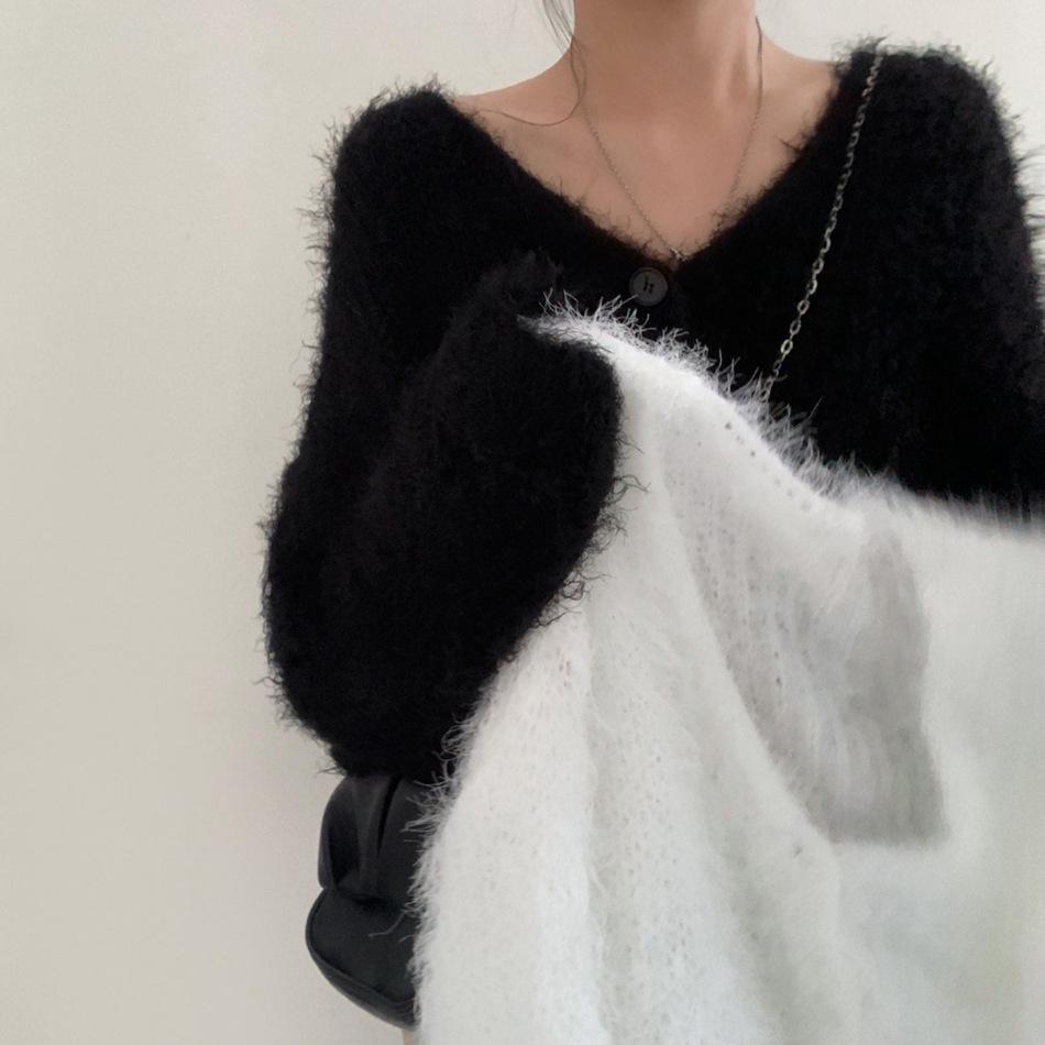 Chic Korean Faux Mink Long-Sleeve V-Neck Cardigan Sweater for Women