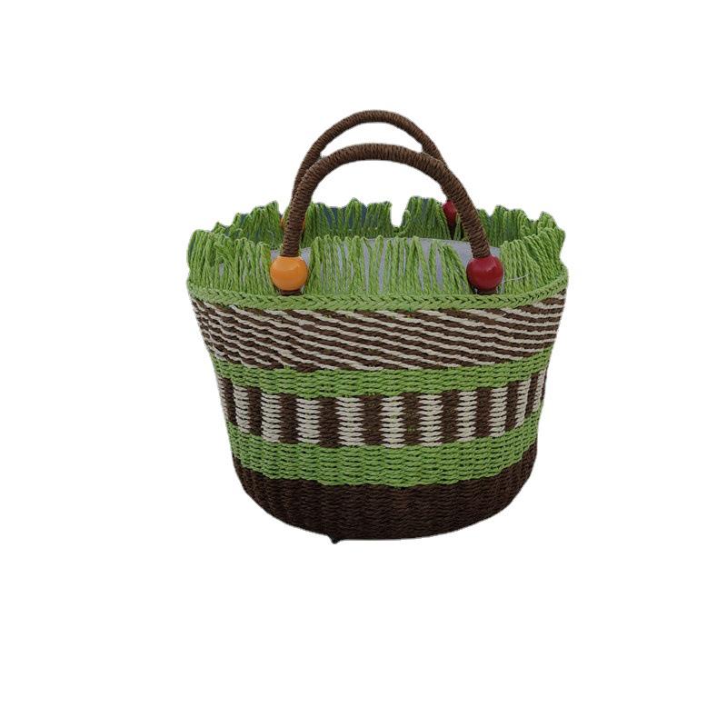 2023 Handmade Woven Straw Bucket Bag: Cute Picnic Basket with Tassel and Wood Bead Decoration