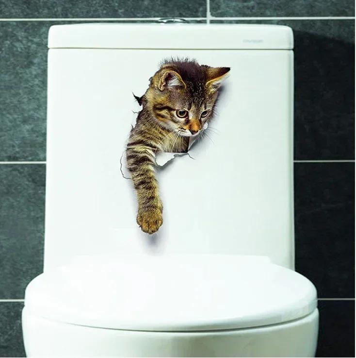 Lebendige 3D Loch Lustige Katze Hund Toilettenaufkleber DIY WC Waschraum Heimdekoration Niedliches Kätzchen Welpe Haustiere Wandkunst Aufkleber