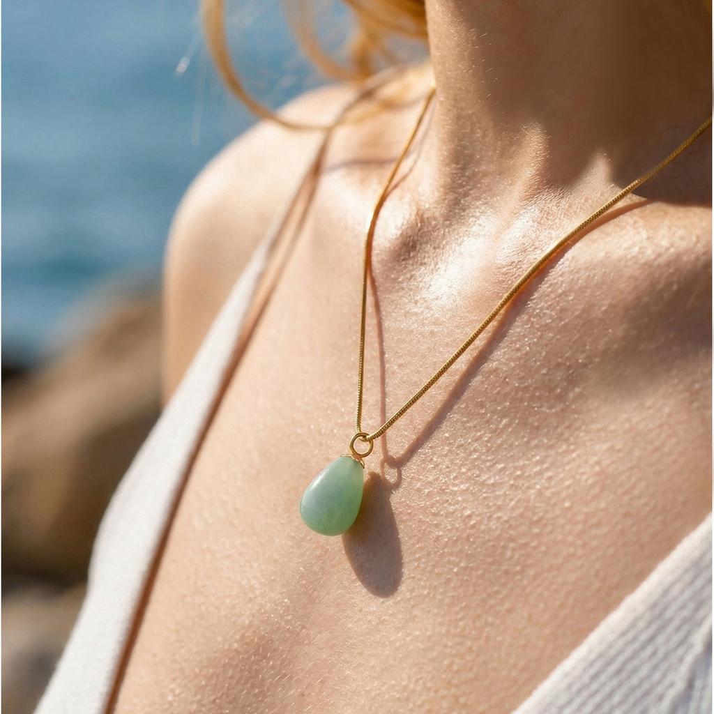 Vnox Elegant Natural Pink Quartz Green Aventurine Pendant Necklaces for Women, Waterdrop Gemstone Snake Chain Party Jewelry Gift