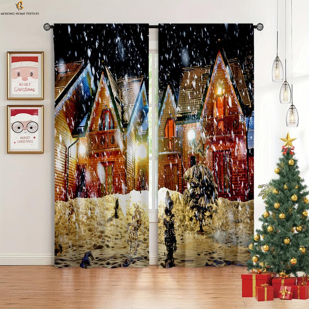 Cortinas com estampa de desenho animado de floco de neve de árvore de Natal, cortinas decorativas clássicas retrô, cortinas decorativas para quarto, restaurante, festa
