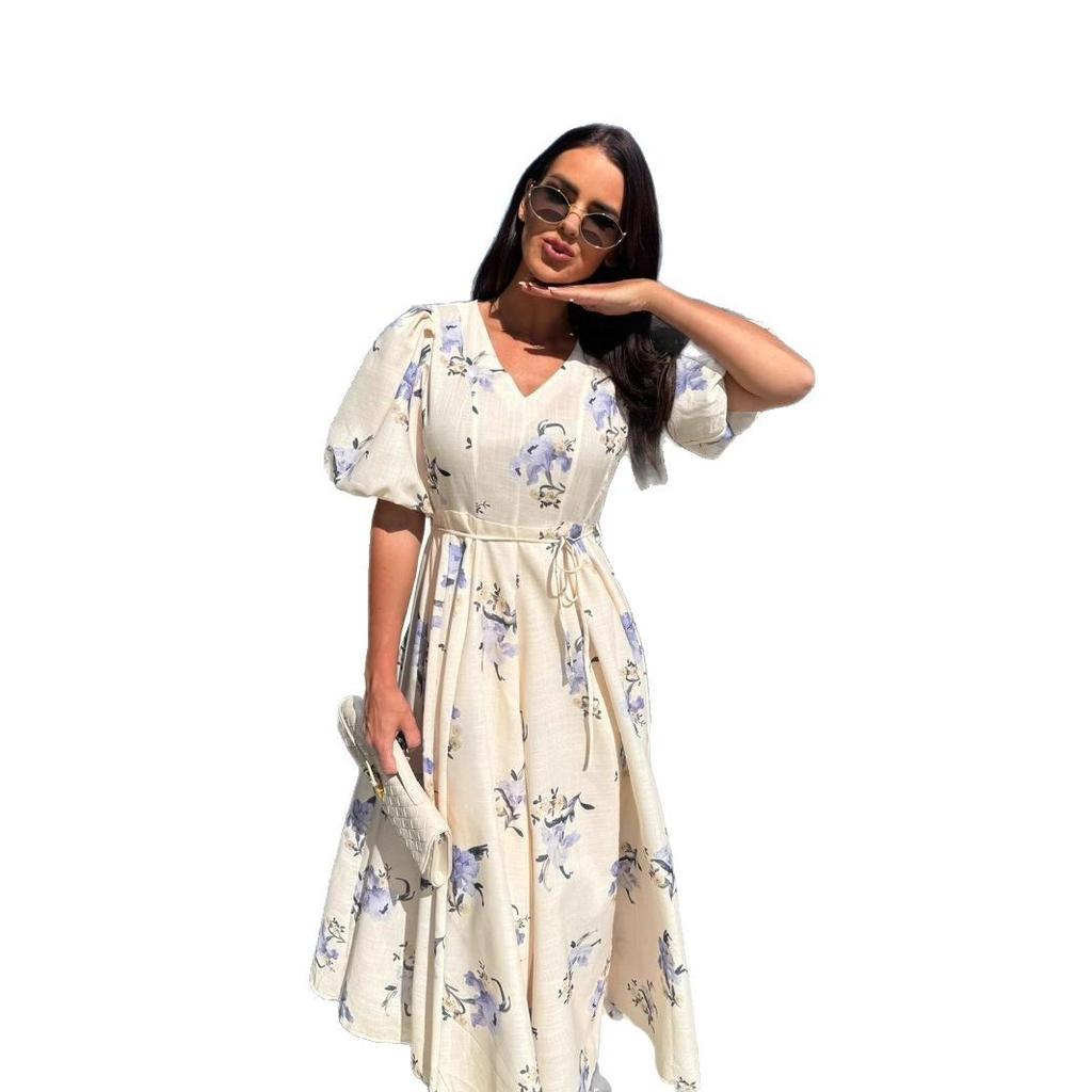 A New Summer Women's Dress with A V-neck, Puffed Sleeves, Printed Ties and A Large Swing